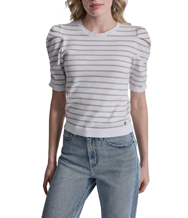 DKNY Jeans By Donna Karan Cotton Blend Stripe Crew Neck Elbow Length Puff Sleeve Scallop Trim Top