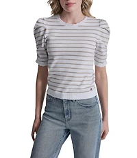 DKNY Jeans By Donna Karan Cotton Blend Stripe Crew Neck Elbow Length Puff Sleeve Scallop Trim Top