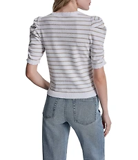 DKNY Jeans By Donna Karan Cotton Blend Stripe Crew Neck Elbow Length Puff Sleeve Scallop Trim Top