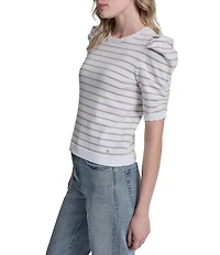 DKNY Jeans By Donna Karan Cotton Blend Stripe Crew Neck Elbow Length Puff Sleeve Scallop Trim Top