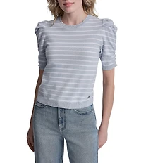 DKNY Jeans By Donna Karan Cotton Blend Stripe Crew Neck Elbow Length Puff Sleeve Scallop Trim Top