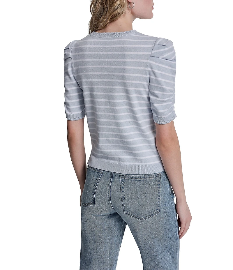 DKNY Jeans By Donna Karan Cotton Blend Stripe Crew Neck Elbow Length Puff Sleeve Scallop Trim Top