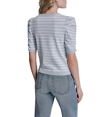 DKNY Jeans By Donna Karan Cotton Blend Stripe Crew Neck Elbow Length Puff Sleeve Scallop Trim Top
