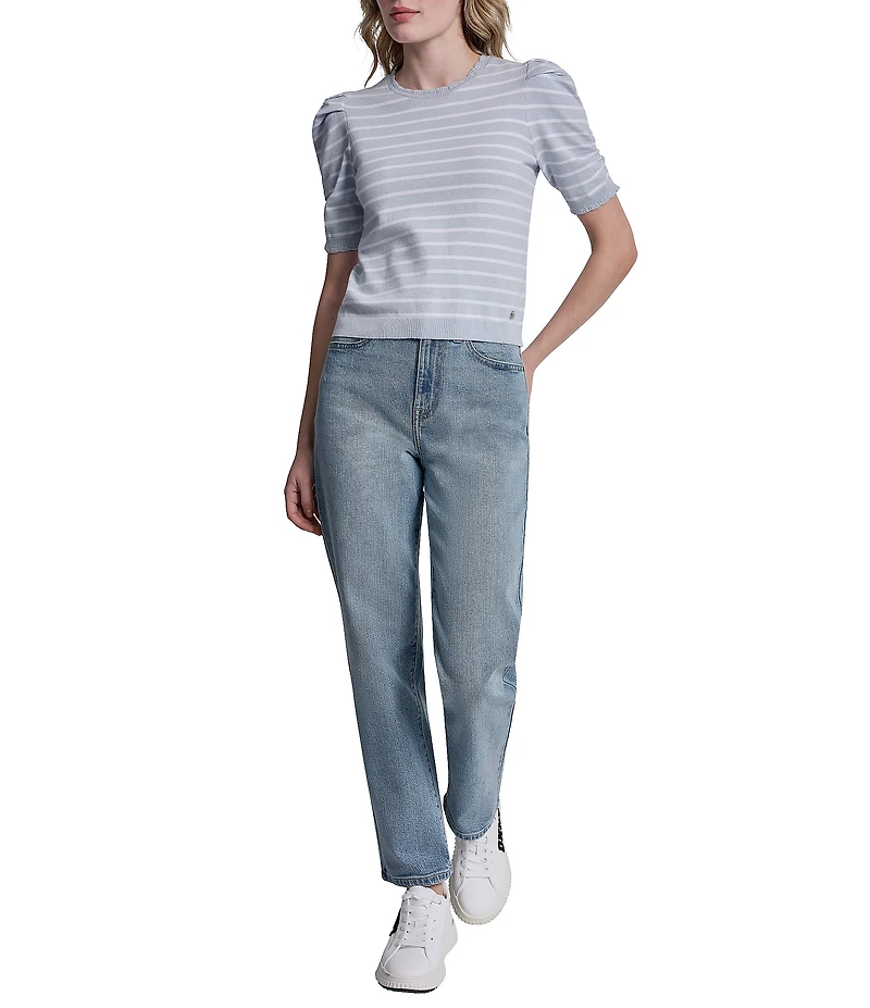 DKNY Jeans By Donna Karan Cotton Blend Stripe Crew Neck Elbow Length Puff Sleeve Scallop Trim Top