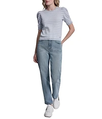 DKNY Jeans By Donna Karan Cotton Blend Stripe Crew Neck Elbow Length Puff Sleeve Scallop Trim Top