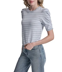 DKNY Jeans By Donna Karan Cotton Blend Stripe Crew Neck Elbow Length Puff Sleeve Scallop Trim Top
