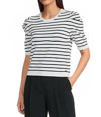 DKNY Jeans By Donna Karan Cotton Blend Stripe Crew Neck Elbow Length Puff Sleeve Scallop Trim Top