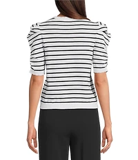 DKNY Jeans By Donna Karan Cotton Blend Stripe Crew Neck Elbow Length Puff Sleeve Scallop Trim Top
