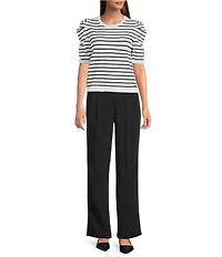 DKNY Jeans By Donna Karan Cotton Blend Stripe Crew Neck Elbow Length Puff Sleeve Scallop Trim Top