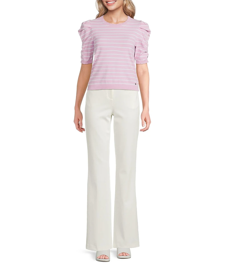 DKNY Jeans By Donna Karan Cotton Blend Stripe Crew Neck Elbow Length Puff Sleeve Scallop Trim Top