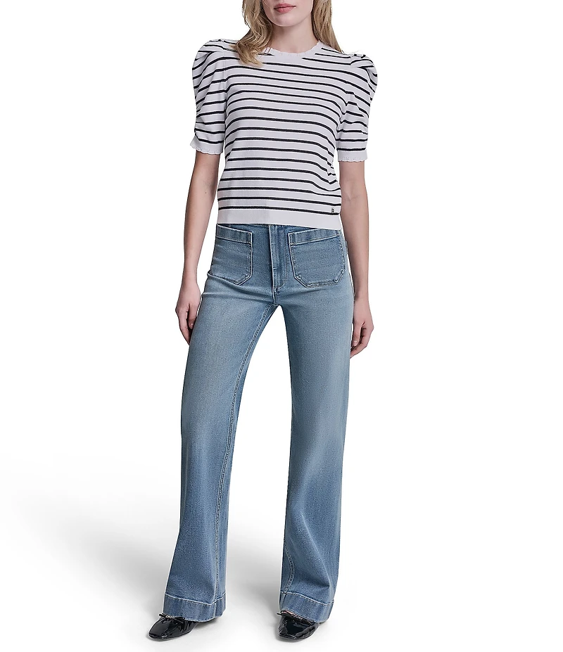 DKNY Jeans By Donna Karan Cotton Blend Stripe Crew Neck Elbow Length Puff Sleeve Scallop Trim Top