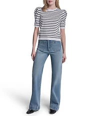 DKNY Jeans By Donna Karan Cotton Blend Stripe Crew Neck Elbow Length Puff Sleeve Scallop Trim Top
