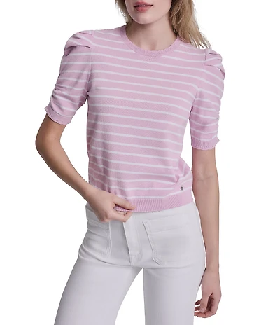 DKNY Jeans By Donna Karan Cotton Blend Stripe Crew Neck Elbow Length Puff Sleeve Scallop Trim Top