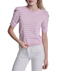 DKNY Jeans By Donna Karan Cotton Blend Stripe Crew Neck Elbow Length Puff Sleeve Scallop Trim Top