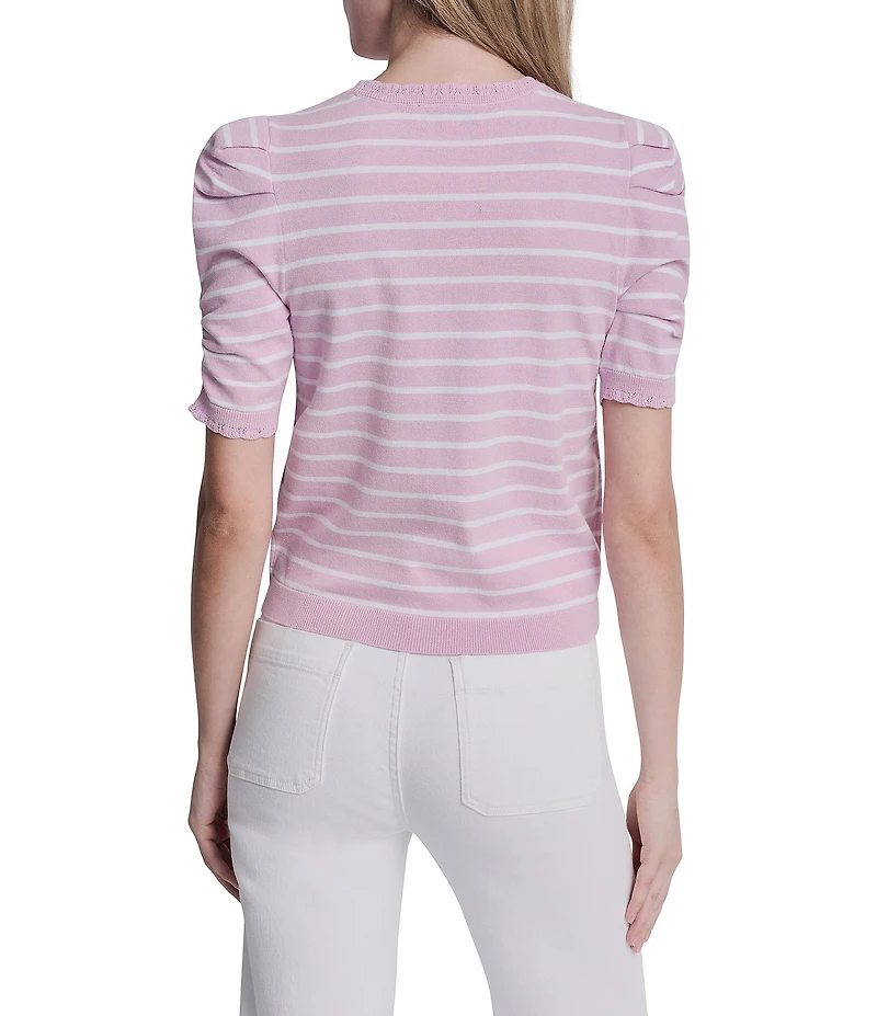 DKNY Jeans By Donna Karan Cotton Blend Stripe Crew Neck Elbow Length Puff Sleeve Scallop Trim Top