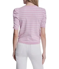 DKNY Jeans By Donna Karan Cotton Blend Stripe Crew Neck Elbow Length Puff Sleeve Scallop Trim Top