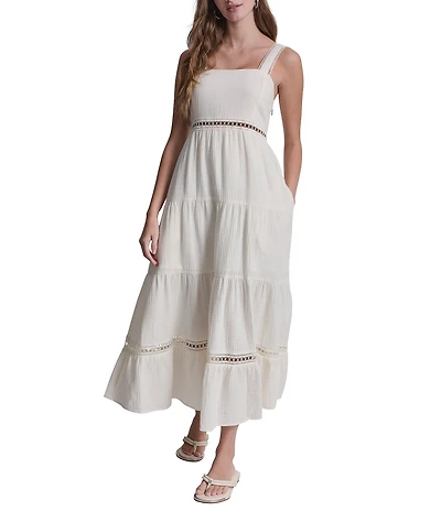 DKNY Jeans by Donna Karan Cotton Square Neck Sleeveless Lace Inset Tiered A-Line Maxi Dress