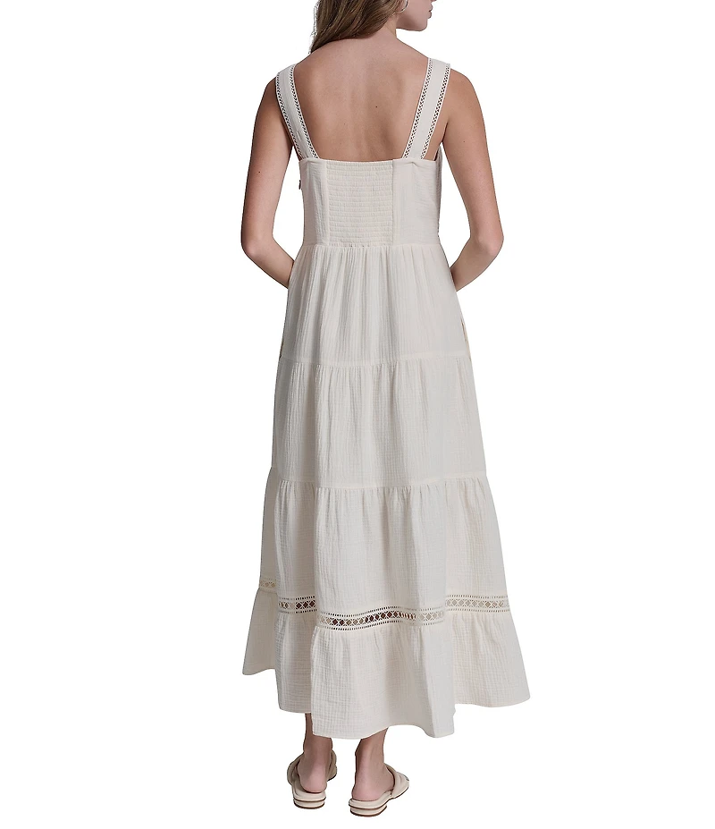 DKNY Jeans by Donna Karan Cotton Square Neck Sleeveless Lace Inset Tiered A-Line Maxi Dress