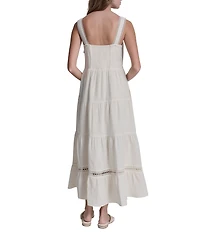 DKNY Jeans by Donna Karan Cotton Square Neck Sleeveless Lace Inset Tiered A-Line Maxi Dress