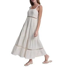 DKNY Jeans by Donna Karan Cotton Square Neck Sleeveless Lace Inset Tiered A-Line Maxi Dress