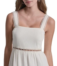 DKNY Jeans by Donna Karan Cotton Square Neck Sleeveless Lace Inset Tiered A-Line Maxi Dress