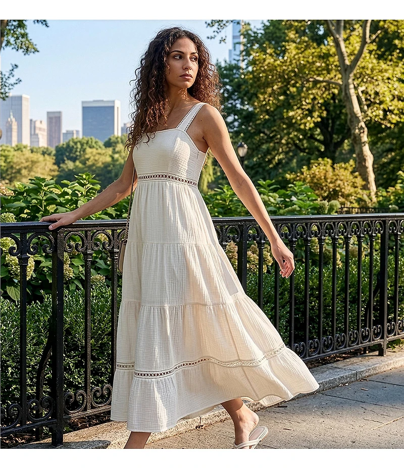 DKNY Jeans by Donna Karan Cotton Square Neck Sleeveless Lace Inset Tiered A-Line Maxi Dress