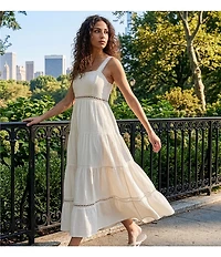 DKNY Jeans by Donna Karan Cotton Square Neck Sleeveless Lace Inset Tiered A-Line Maxi Dress