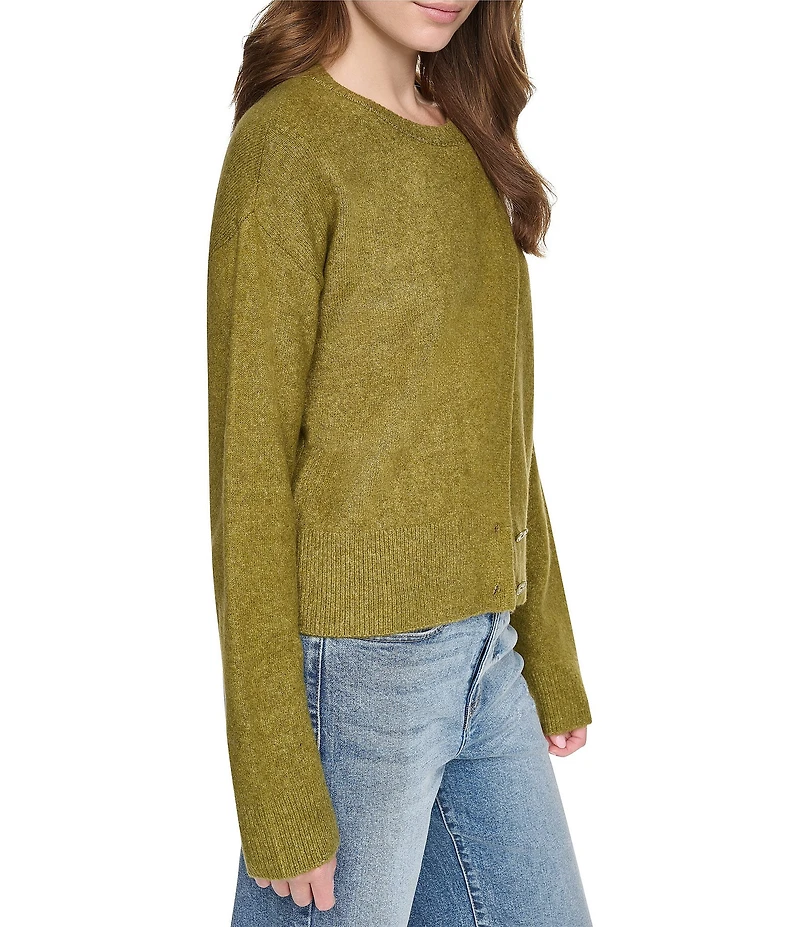 DKNY Jeans by Donna Karan Crew Neck Long Sleeve Asymmetric Button Cardigan