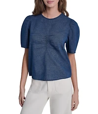 DKNY Jeans by Donna Karan Denim Crew Neck Short Puff Sleeve Top