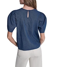 DKNY Jeans by Donna Karan Denim Crew Neck Short Puff Sleeve Top