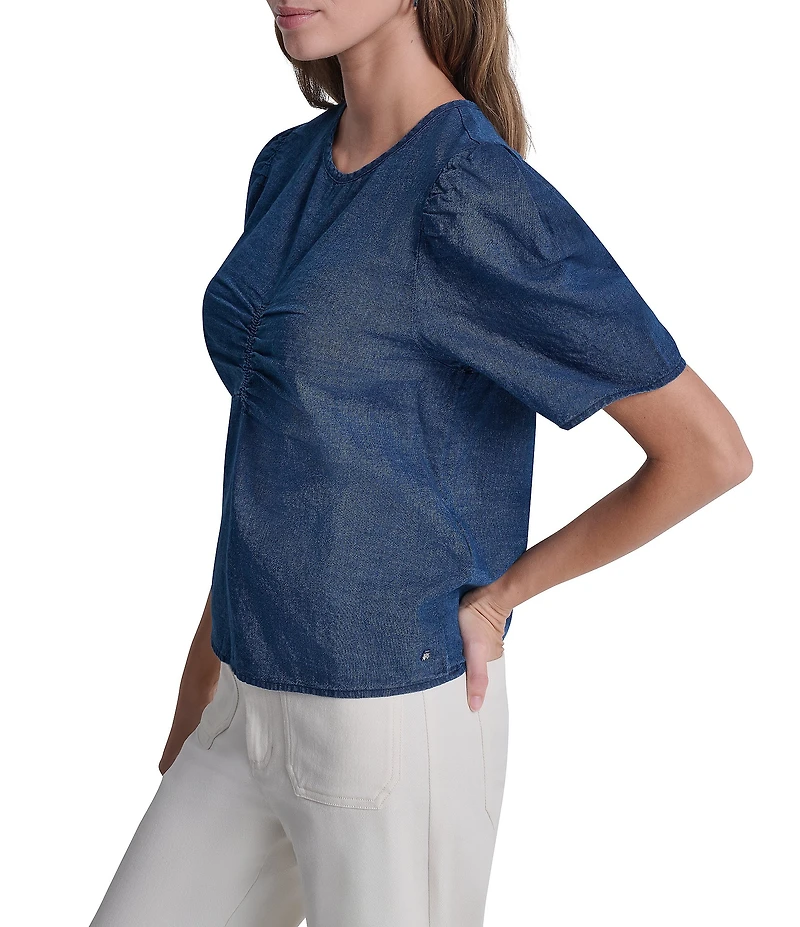 DKNY Jeans by Donna Karan Denim Crew Neck Short Puff Sleeve Top