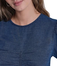 DKNY Jeans by Donna Karan Denim Crew Neck Short Puff Sleeve Top