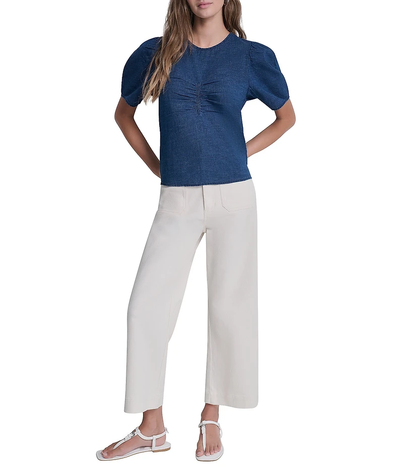 DKNY Jeans by Donna Karan Denim Crew Neck Short Puff Sleeve Top