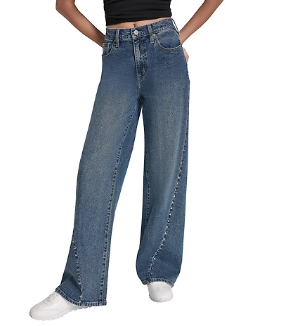 DKNY Jeans By Donna Karan Denim High Rise Curved Studded Forward Seam Wide Leg Jeans