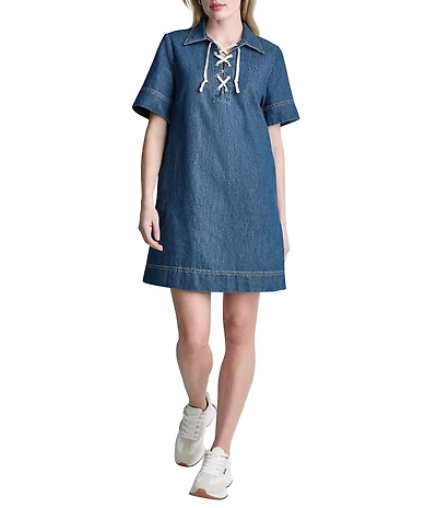 DKNY Jeans by Donna Karan Denim Point Collar Short Sleeve Lace Front Shift Dress