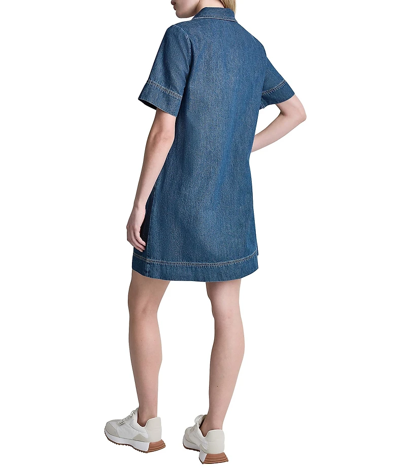 DKNY Jeans by Donna Karan Denim Point Collar Short Sleeve Lace Front Shift Dress