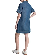 DKNY Jeans by Donna Karan Denim Point Collar Short Sleeve Lace Front Shift Dress