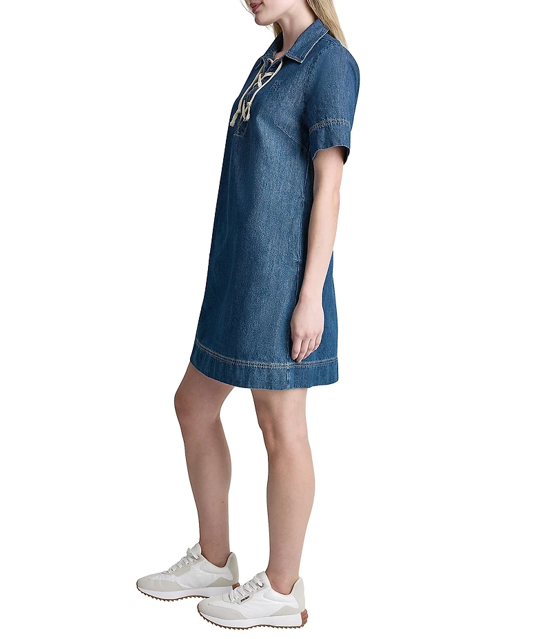 DKNY Jeans by Donna Karan Denim Point Collar Short Sleeve Lace Front Shift Dress