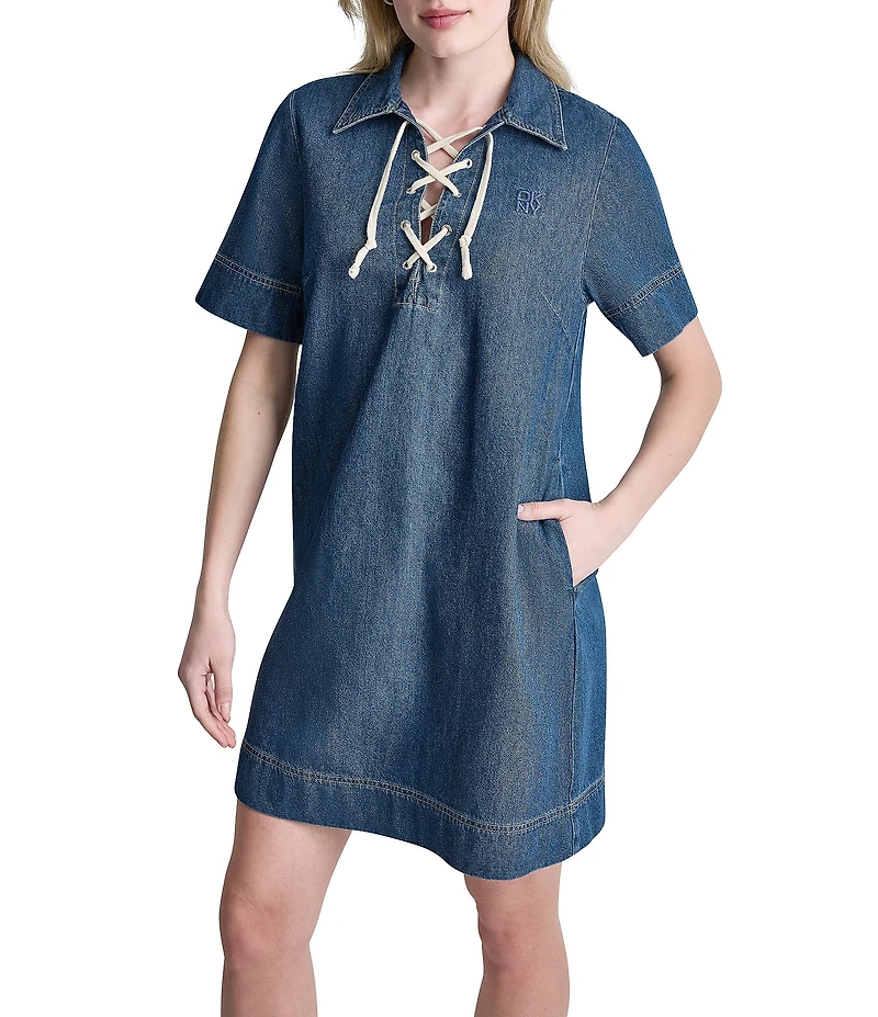 DKNY Jeans by Donna Karan Denim Point Collar Short Sleeve Lace Front Shift Dress