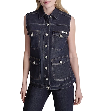 DKNY Jeans by Donna Karan Denim Point Collar Sleeveless Button Front Vest