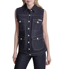 DKNY Jeans by Donna Karan Denim Point Collar Sleeveless Button Front Vest