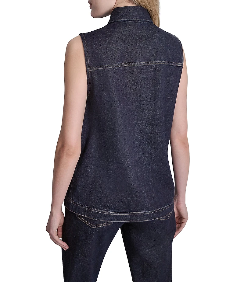 DKNY Jeans by Donna Karan Denim Point Collar Sleeveless Button Front Vest