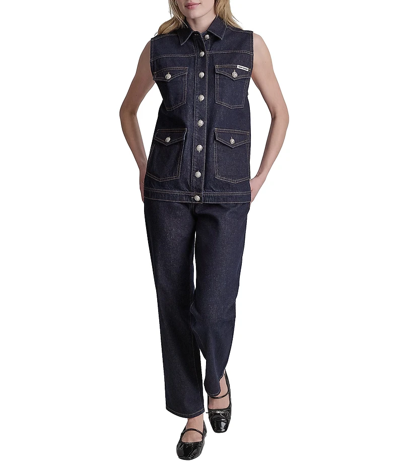 DKNY Jeans by Donna Karan Denim Point Collar Sleeveless Button Front Vest