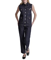 DKNY Jeans by Donna Karan Denim Point Collar Sleeveless Button Front Vest