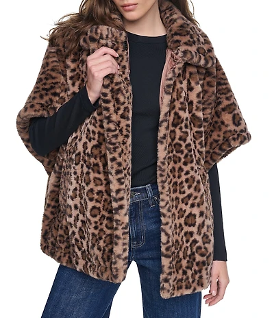 DKNY Jeans by Donna Karan Faux Fur Collared Neck Short Sleeve Poncho
