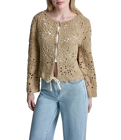 DKNY Jeans by Donna Karan Floral Crochet Crew Neck Long Sleeve Cardigan