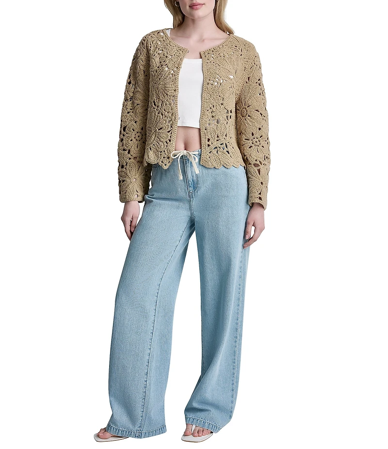 DKNY Jeans by Donna Karan Floral Crochet Crew Neck Long Sleeve Cardigan