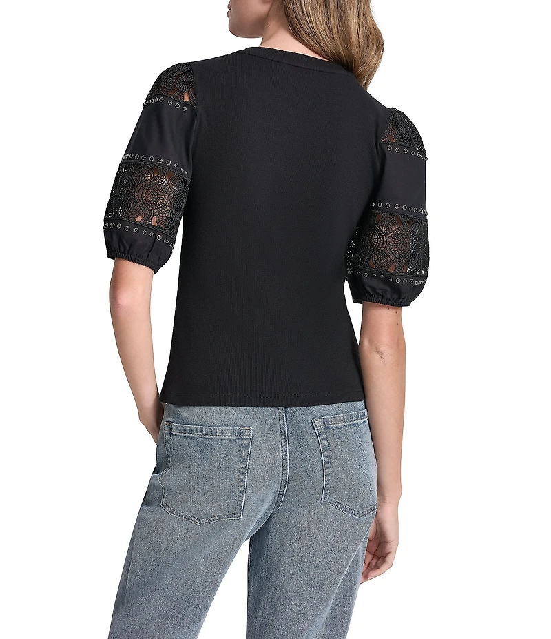 DKNY Jeans by Donna Karan Jeans Knit Crew Neck Elbow Length Lace Eyelet Puff Sleeve Top