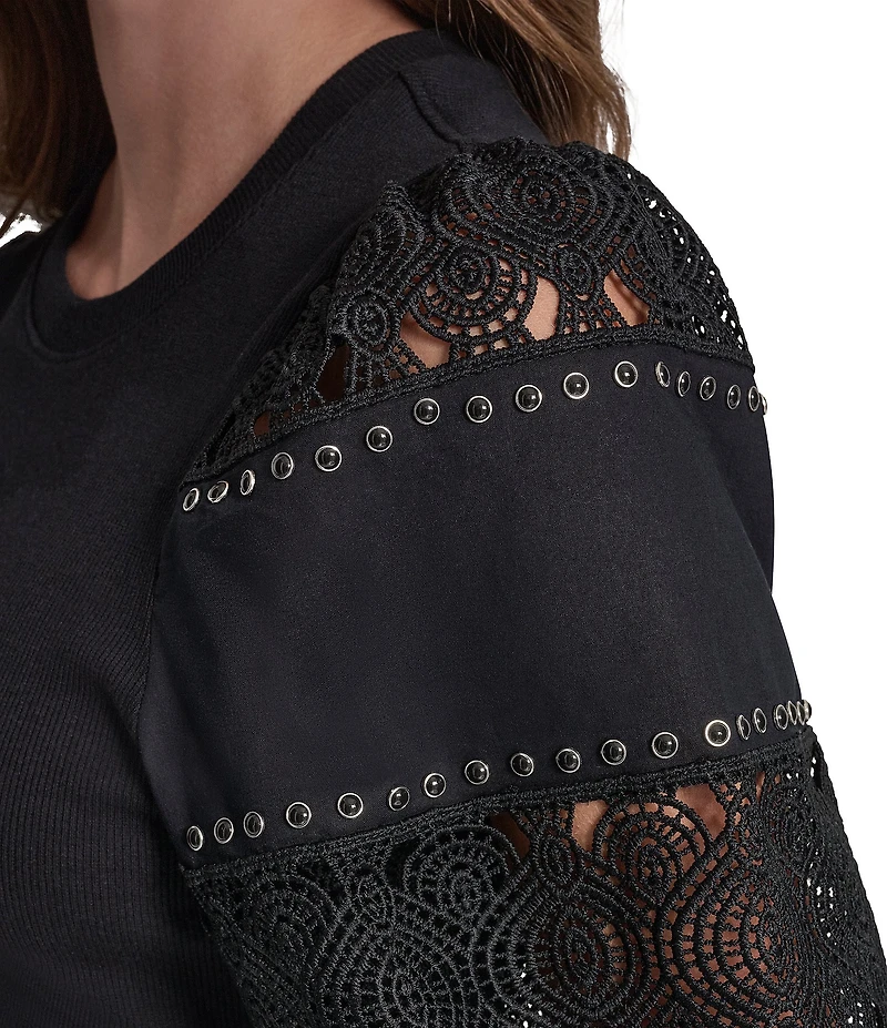 DKNY Jeans by Donna Karan Jeans Knit Crew Neck Elbow Length Lace Eyelet Puff Sleeve Top