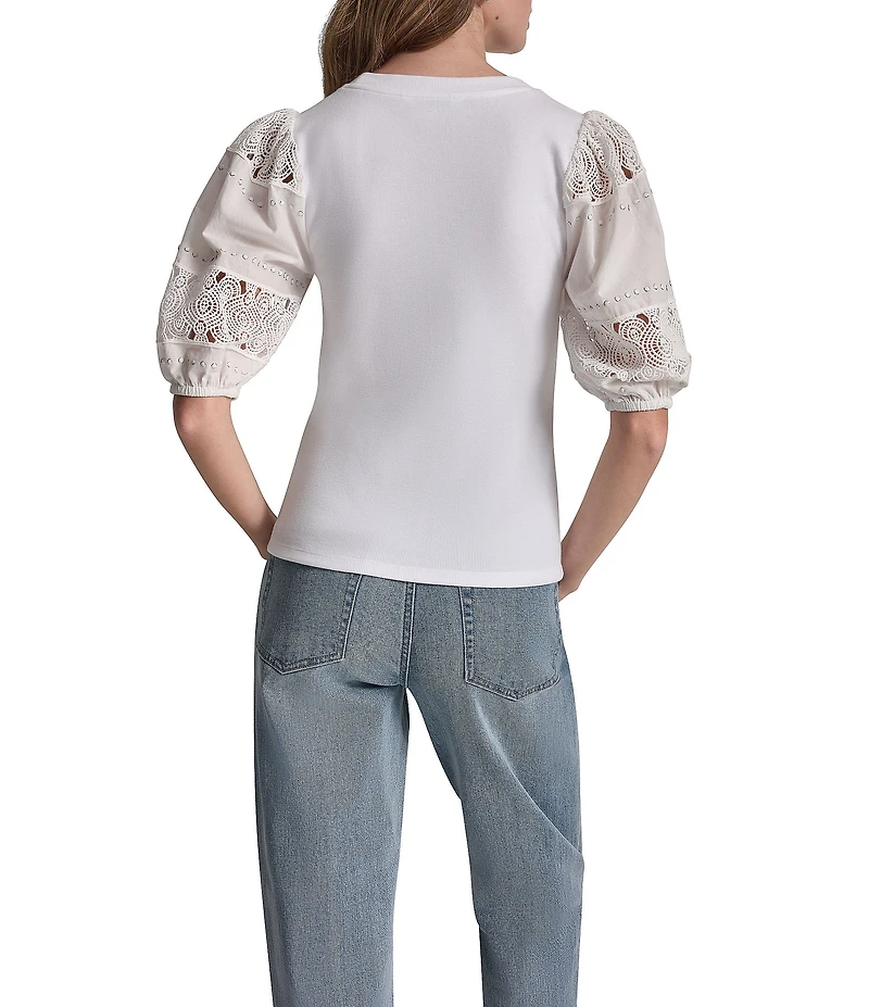DKNY Jeans by Donna Karan Jeans Knit Crew Neck Elbow Length Lace Eyelet Puff Sleeve Top